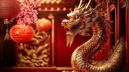 Fototapeta premium A majestic golden dragon sculpture, perfect for Chinese New Year 2024 celebrations, adorned with cherry blossoms and red lanterns, inviting a festive atmosphere.