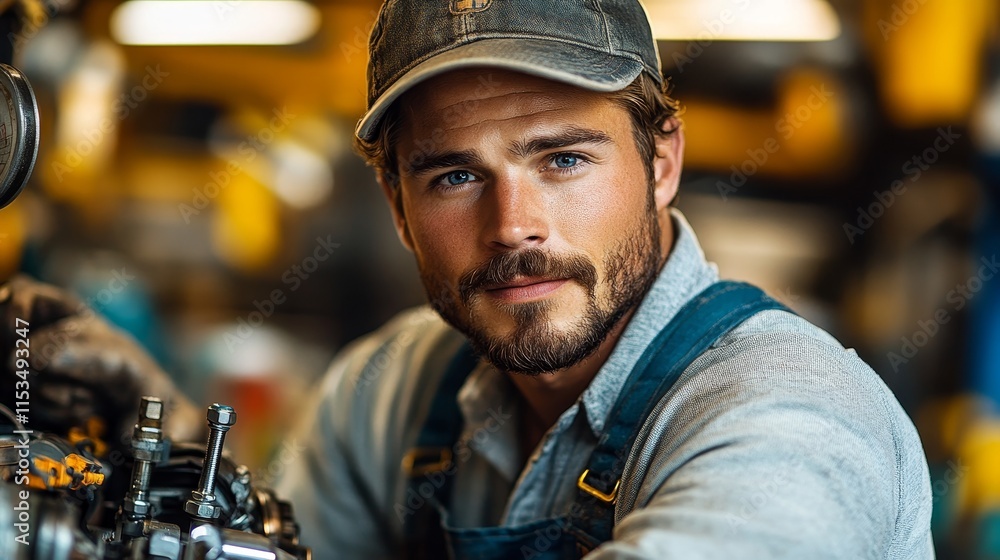 Poster bearded man in overalls and a cap is working on machinery, looking directly with a focused expressio