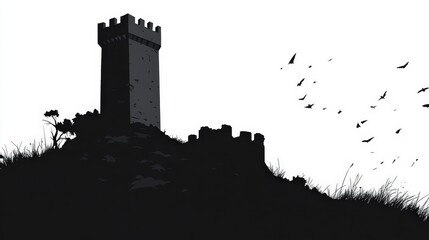 Obraz premium Dark Silhouette of a Mystical Tower on a Hill with Bats Flying