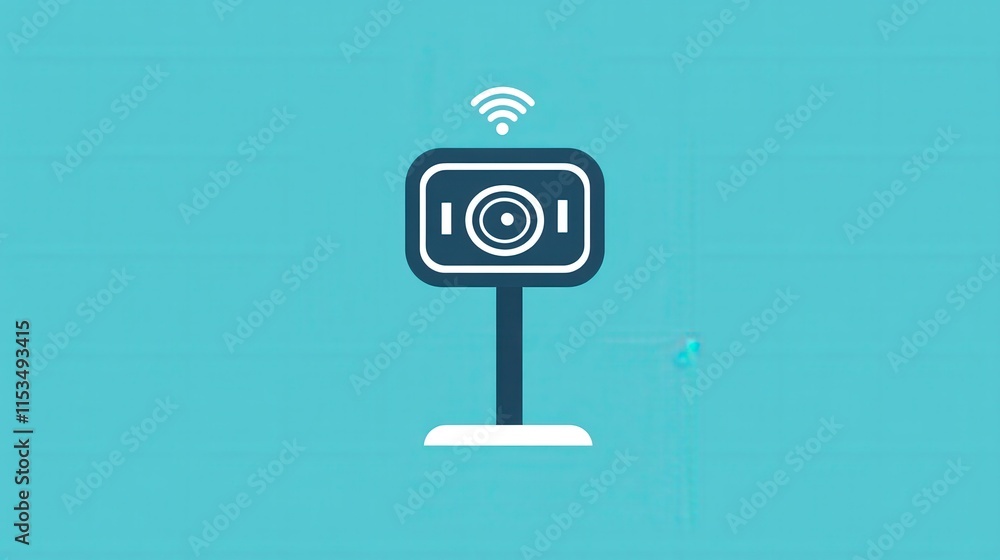 Aufkleber simple icon of a security camera with wireless signal on blue background