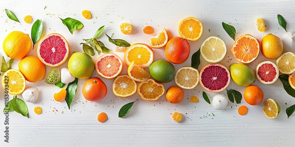 Poster fresh citrus fruits arranged on a white wooden table create a vibrant and refreshing visual. these c