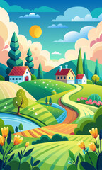 Naklejka premium Illustration vectorielle de campagne d'été paisible, prairie lumineuse et colorée avec une douce brise, environnement rural tranquille avec une lumière chaude du soleil.