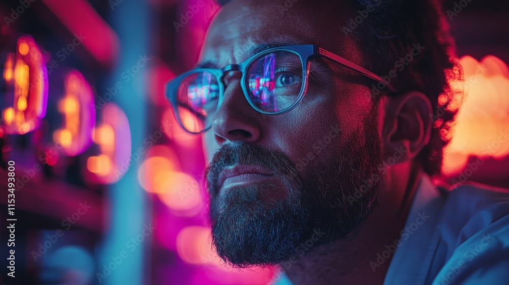 Poster man with glasses and a beard gazes intently in a colorful, futuristic setting illuminated by neon li