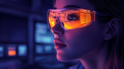 Person wearing futuristic orange-tinted glasses, looking focused, with a blurred background of digital screens displaying various graphics