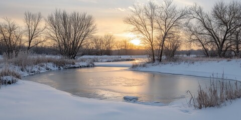 Stunning winter rural landscape featuring a frozen small pond. The captivating silhouettes of trees enhance the serene winter rural landscape along the river bank, creating a picturesque scene.