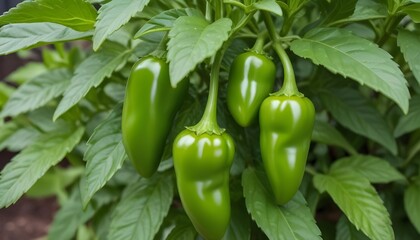 Jalape&ntilde;os growing on a plant with lush green leaves in a garden