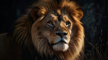 Naklejka premium King of the Jungle, Close-up of lion looking away against black background 