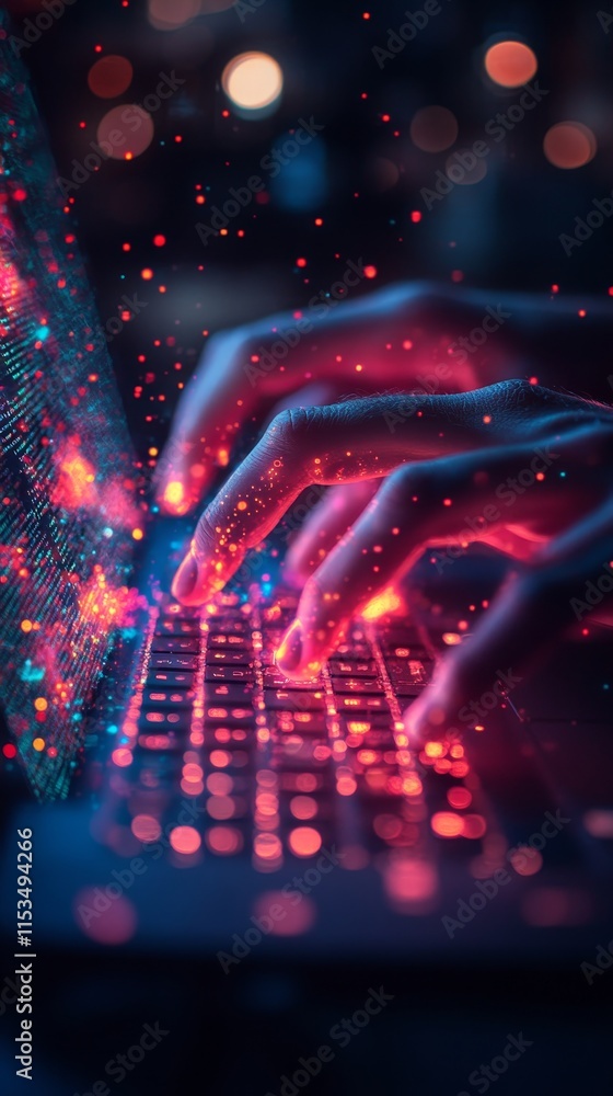 Poster pair of hands is typing on a laptop keyboard, surrounded by colorful, glowing digital particles and 