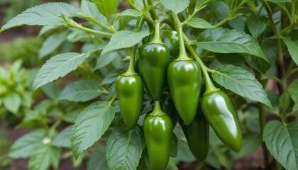 Jalape&ntilde;os growing on a plant with lush green leaves in a garden
