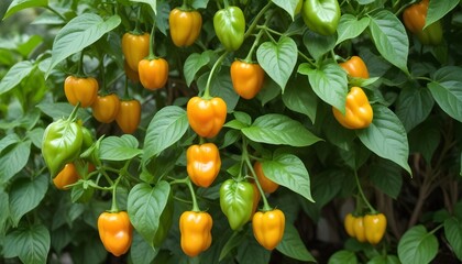 Habaneros growing on a plant with lush green leaves in a garden