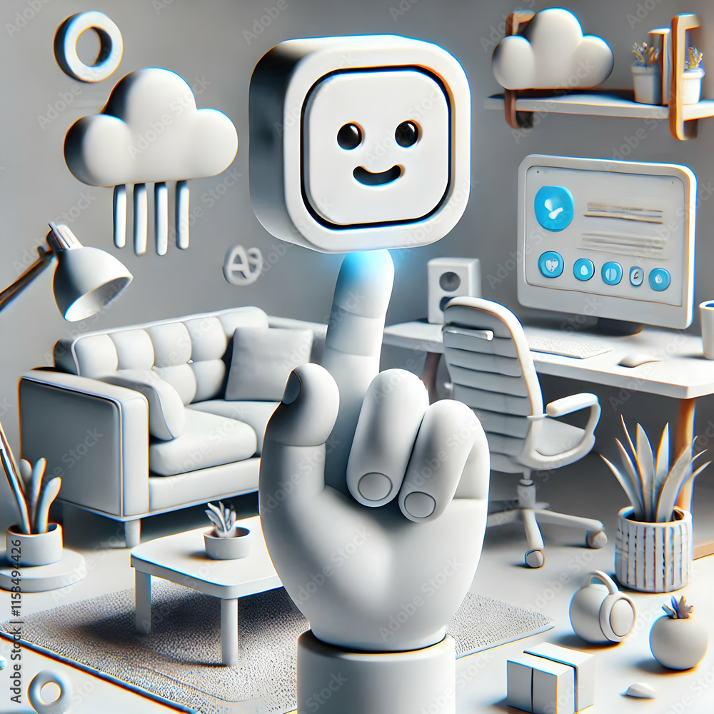 Poster 3d macro shot of hand touching floating virtual button in home office concept for remote work techno