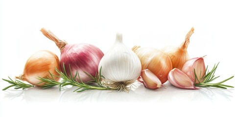 Shallots showcased in a still life composition against a white background, highlighting the onion bulb as a versatile herb and vegetable ingredient for various culinary creations.