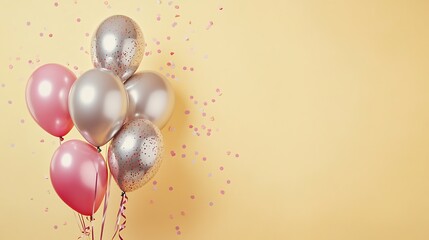 Close-up Photo: Shimmering Pink and Silver Balloons Celebrate Joyfully Against a Warm Yellow Background. AI Generated