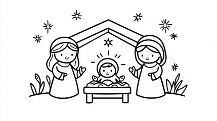 Illustration of Nativity Scene with Mary, Joseph and Baby Jesus