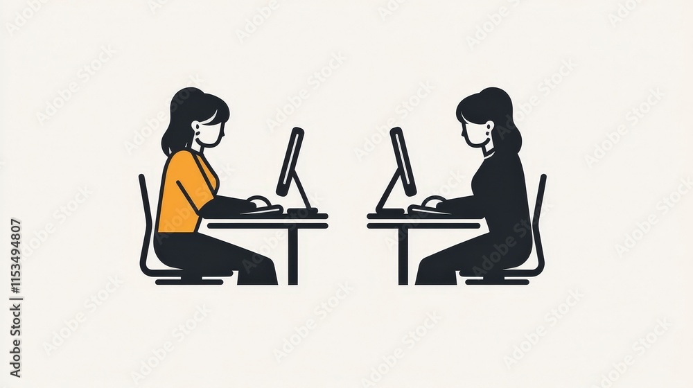Aufkleber two women working at desks using computers in minimalist style