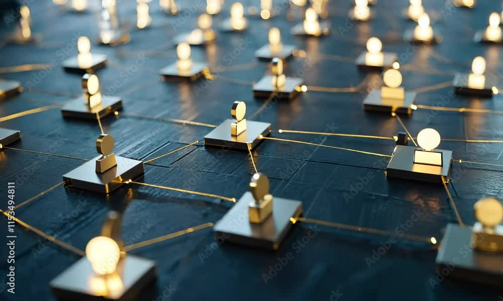 Poster a close-up view of a network of interconnected nodes represented by golden geometric shapes, illumin