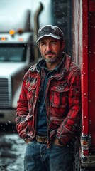 Man in a red plaid jacket and cap stands next to a red truck, with snow falling around him
