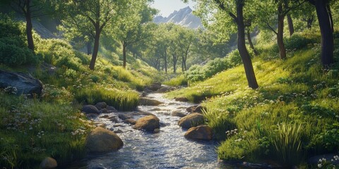 Obraz premium A tranquil stream flows gently through lush grass and trees in a mountain forest, showcasing a serene natural landscape that highlights the beauty of the outdoors and peaceful scenery.