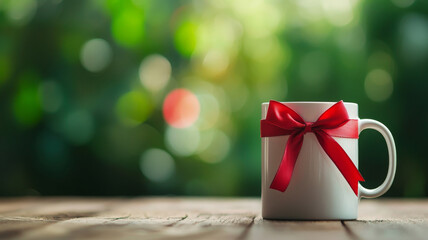 white coffee mug adorned with red ribbon, perfect for gifts