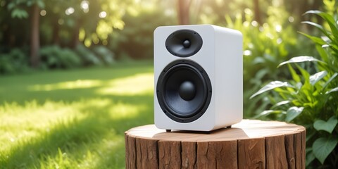 A speaker&nbsp;&nbsp;sitting on a wooden stump in a garden setting , with blurred greenery and sunlight in the background