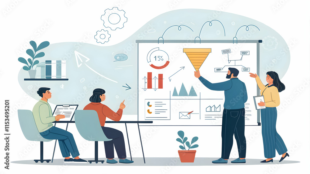 Poster team optimizing sales funnel for increased conversion rates brainstorming ideas on whiteboard with a
