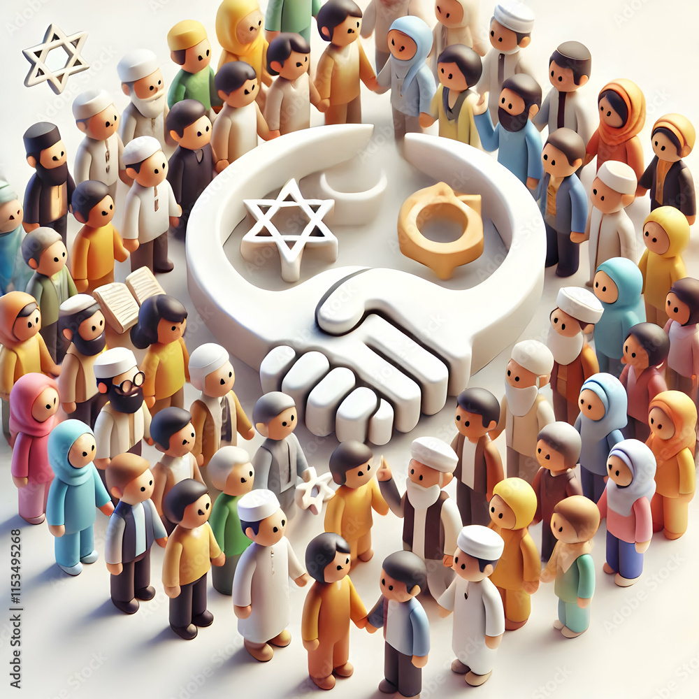 Aufkleber 3D Portrait Faith Collaboration concept as Portrait close up of individuals from different faiths collaborating on a project expressing unity and shared purpose for World Religion Day magazine adverti