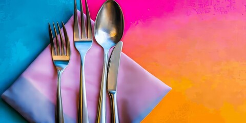 Cutlery including a fork, spoon, and knife elegantly arranged in a napkin on a vibrant background, showcasing the beauty of dining essentials with a fork, spoon, and knife in focus.