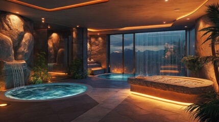 Fototapeta premium A luxurious spa room with a heated stone bench, ambient lighting, and floor-to-ceiling water features
