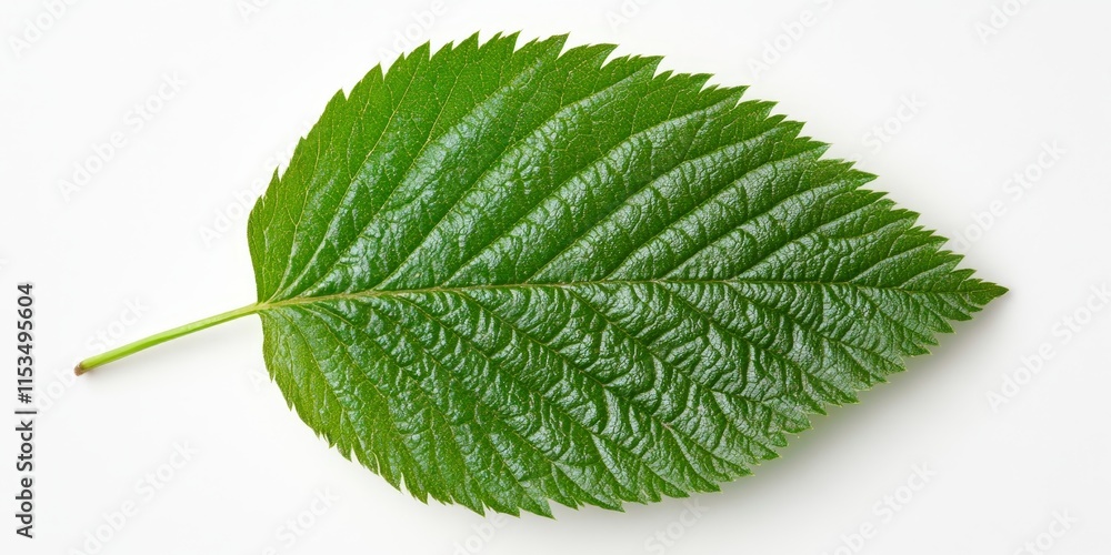 Poster isolated raspberry leaf displayed on a white background, emphasizing the vibrant green color and uni