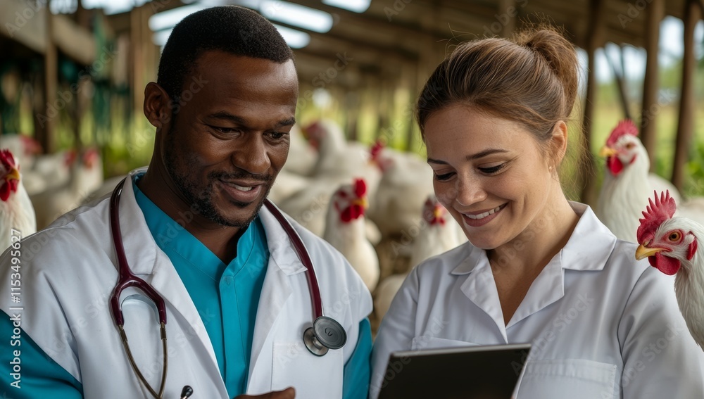 Poster two doctors are looking at a computer screen with a picture of chickens. they are smiling and seem t
