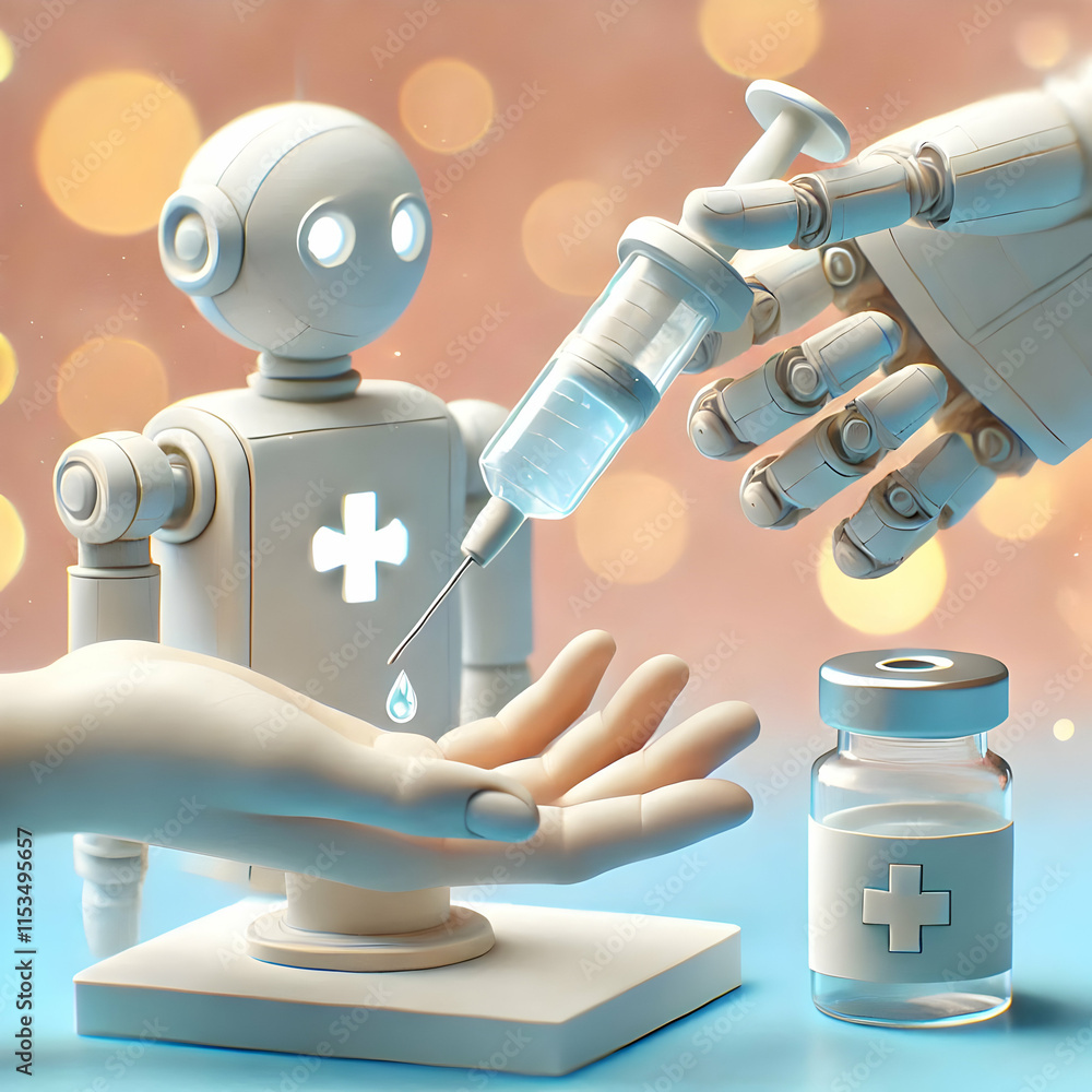 Poster 3d robotic arm administering medication to patient in medical setting abstract bokeh background