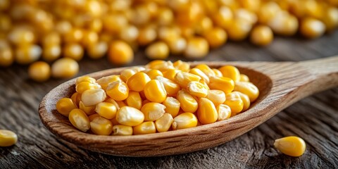 Wooden spoon filled with vibrant canned corn seeds, showcasing the rich texture and color of corn seeds ready for culinary creations and delicious dishes. Perfect for representing canned corn seeds.