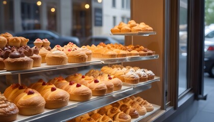 Assorted pastries displayed in a bakery window , with other pastries and sweets visible in the background