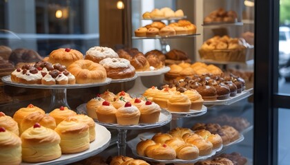 Fototapeta premium Assorted pastries displayed in a bakery window , with other pastries and sweets visible in the background