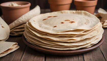 Stacks of freshly baked tortillas on a wooden surface, with a clay pot in the background
