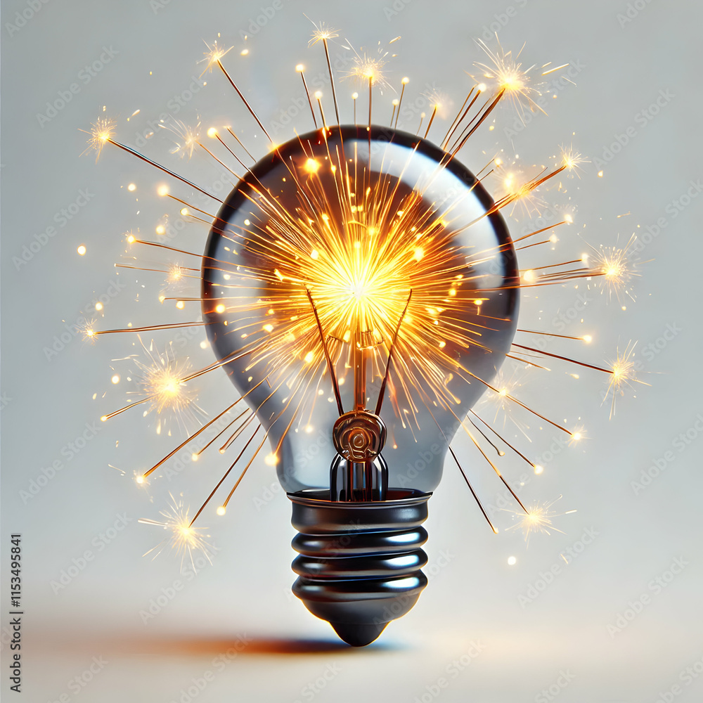 Poster 3d macro of a lightbulb filament sparking symbolizing sudden idea and realization with copy space co