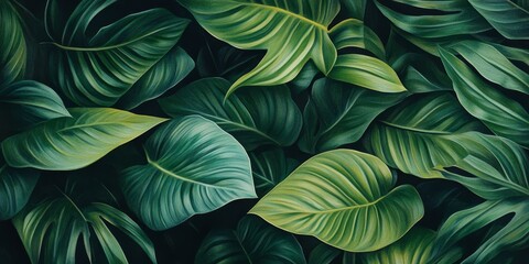Dark green leaves create a vibrant background, showcasing the lush tone of tropical plant life. This image captures the essence of nature, highlighting green leaves in a serene morning setting.