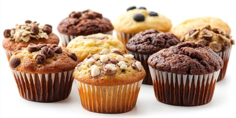 Delicious homemade muffins displayed in a studio setting, isolated on a clean white background. These tasty muffins are perfect for showcasing the delightful appeal of baked goods.