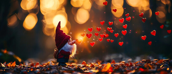 Whimsical gnome blowing heart shaped kisses in dreamy forest setting