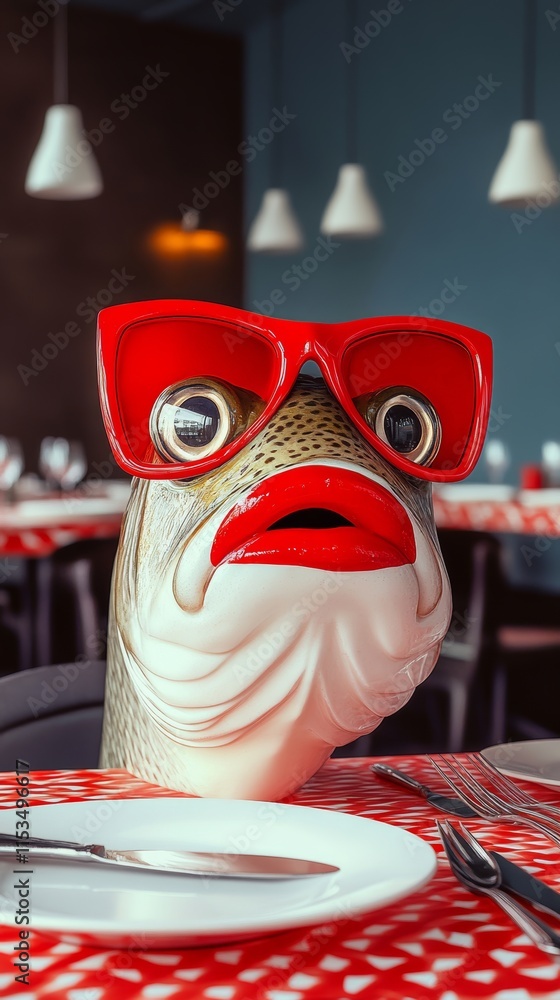 Poster fish with red glasses and red lips is sitting on a table with a fork and knife. the fish is looking 