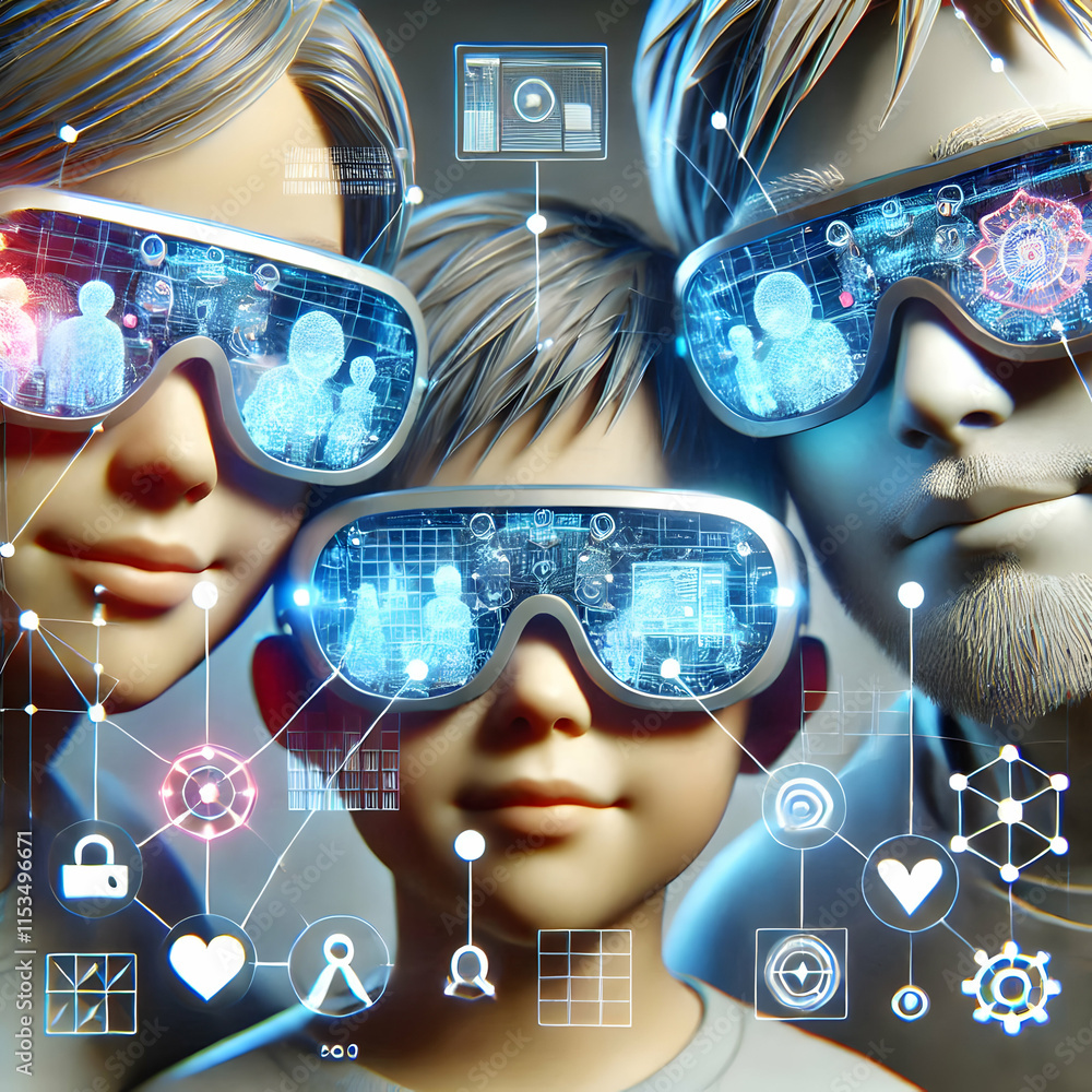 Poster 3d close up family interacting with augmented reality glasses displaying holograms in shared experie