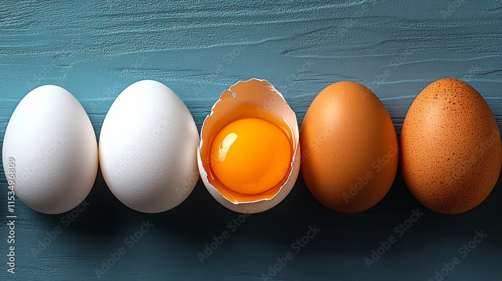 Poster row of eggs with one of them cracked open. the cracked egg is in the middle of the row