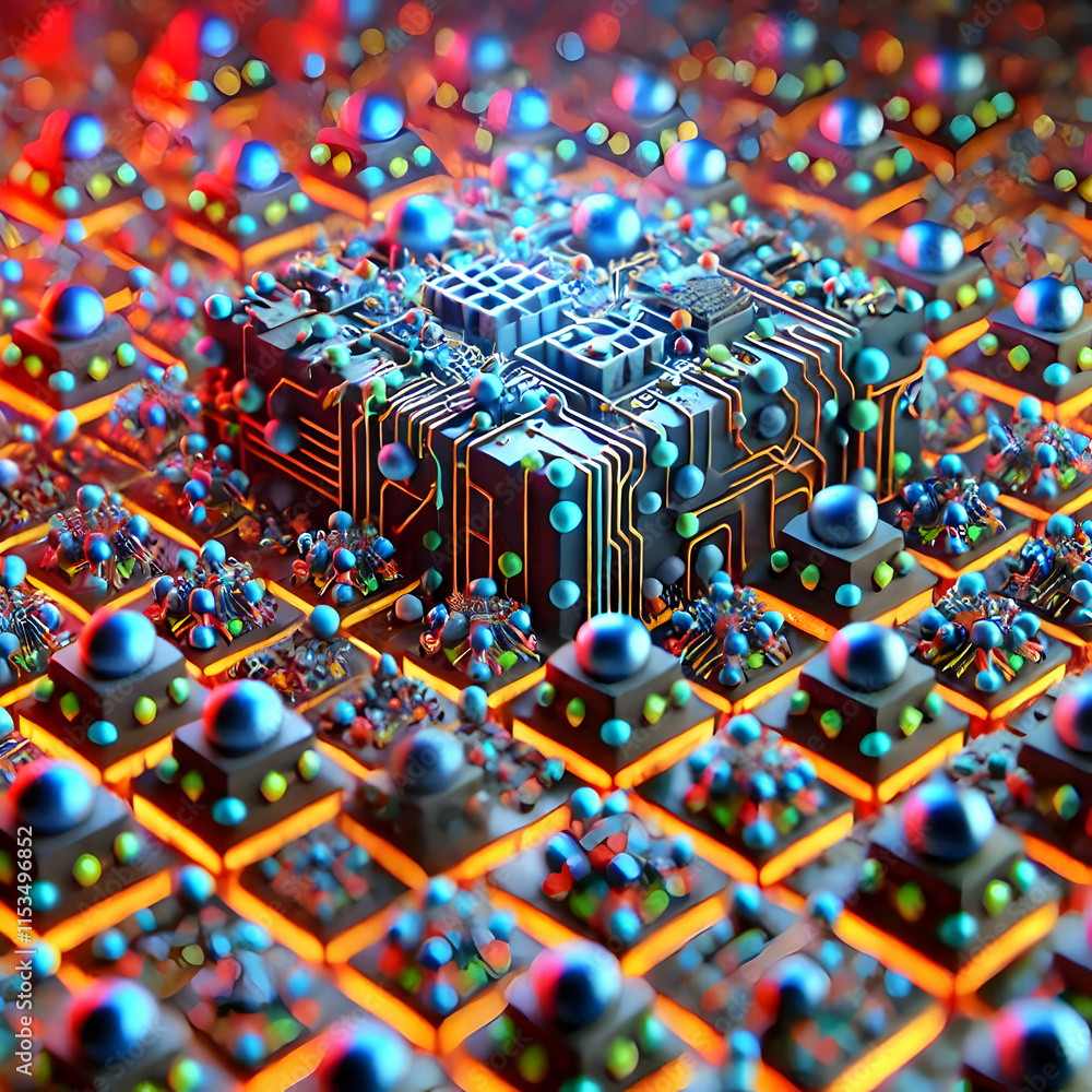 Poster nano circuitry action: microscopic patterns showcasing innovative 3d technology with vibrant colors