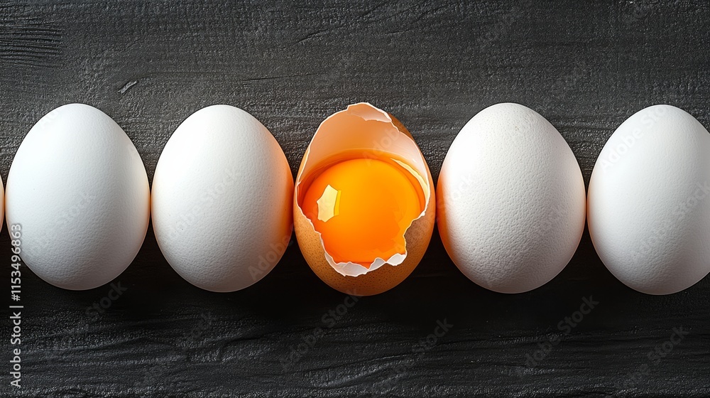Aufkleber row of eggs with one broken open. the broken egg is surrounded by the other eggs, creating a sense o