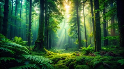 Obraz premium Lush Forest Green: Eco-Friendly Background Image, Nature Photography, Dark Green Leaves, Low Light, Sustainable