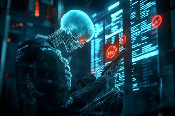 Obraz premium Digital skeleton in ethereal blue surrounded by technology and data screens
