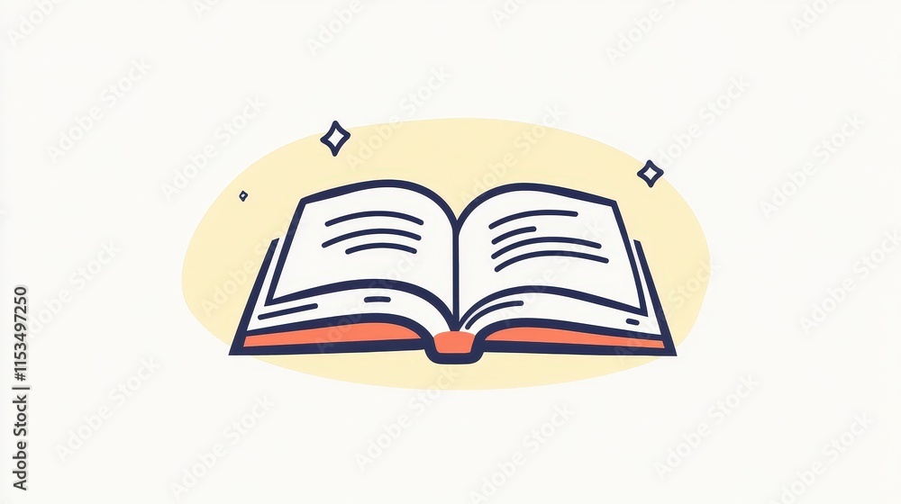 Poster open book with pages flipping and sparkles in minimalist style
