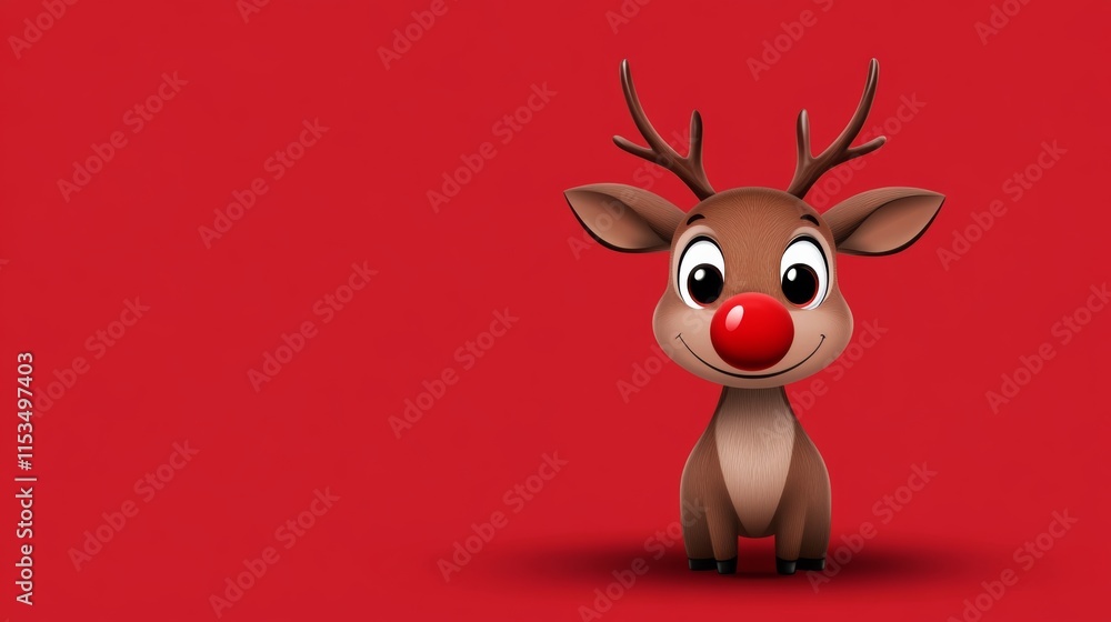 Poster cartoon reindeer with a red nose is standing on a red background. the image conveys a festive and jo