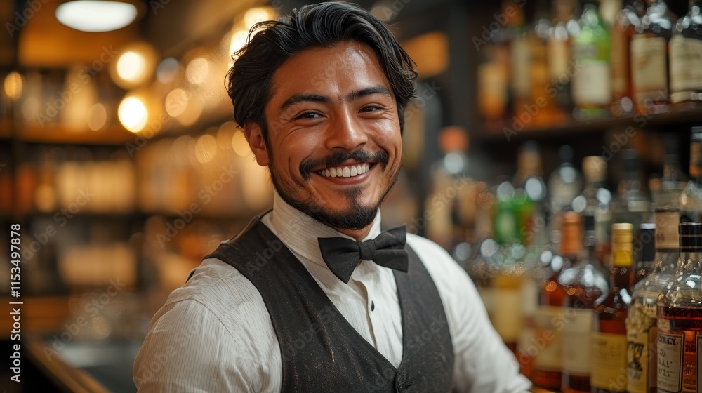 Poster smiling bartender in a bow tie stands behind a bar stocked with various bottles, creating a welcomin