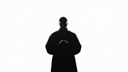 Mysterious Silhouette of a Man in a Coat Against a White Background